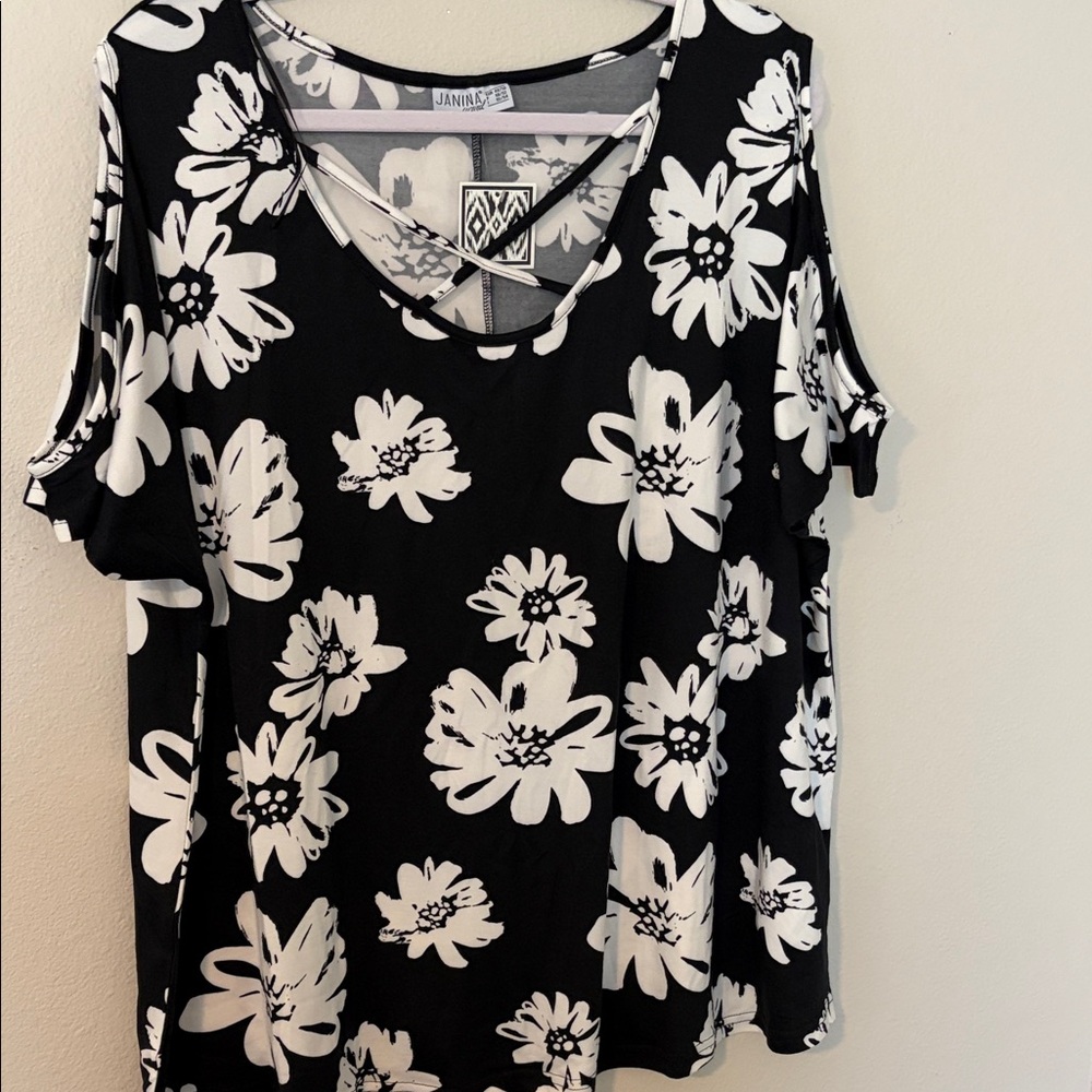 Janina Black & White Floral Cold-Shoulder Blouse